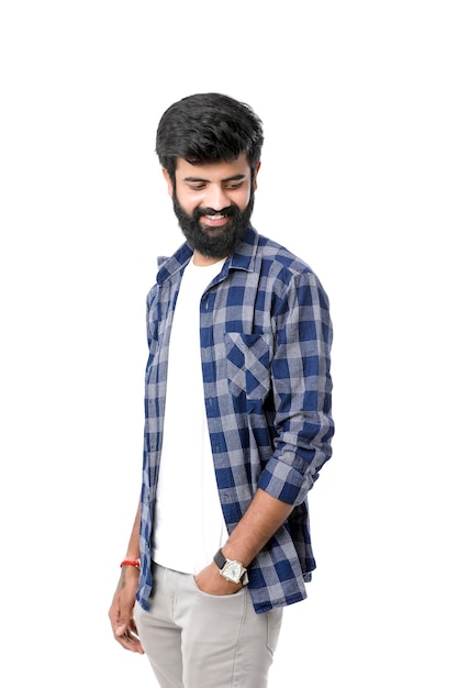 Young indian man giving expression over white background