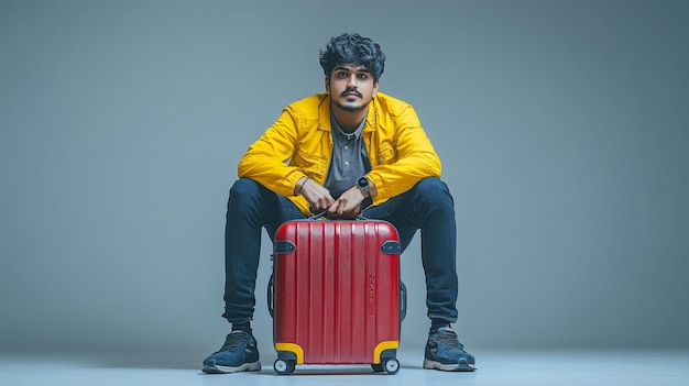 Photo a young indian man sitting with a red traveling suitcase against a white background