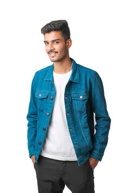 Young indian man wear jacket and giving expression over white background.