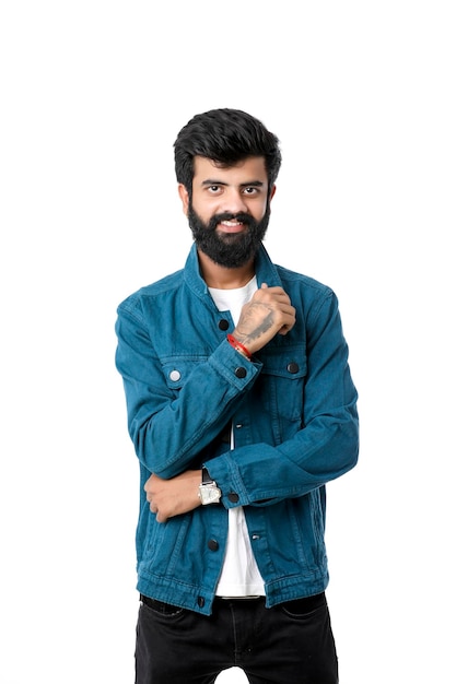 Young indian man wear jacket and giving expression over white background