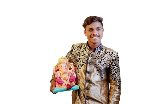 Young Indian man with Lord Ganesha Celebrating Ganesha festival