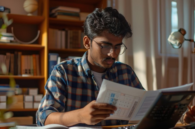 Young Indian man works remotely at home office with technology