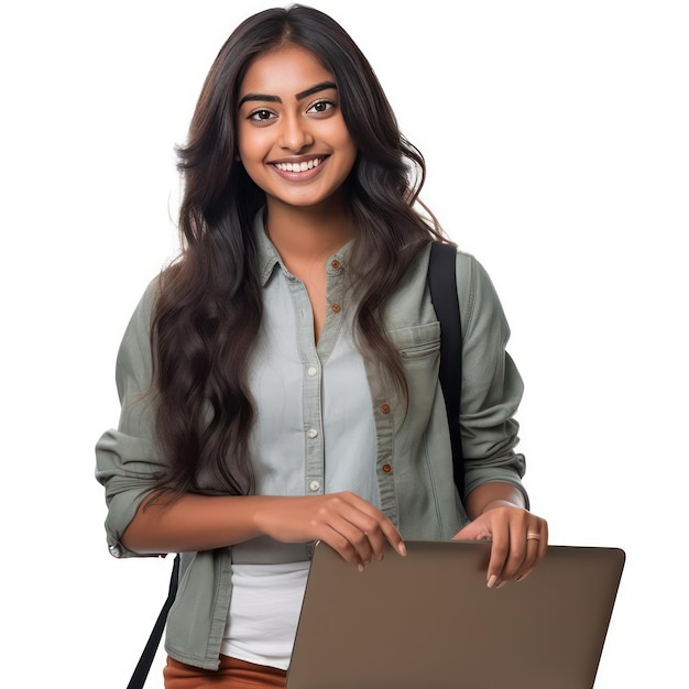 a young Indian woman in college student holding a book to her chest modern dress smiling