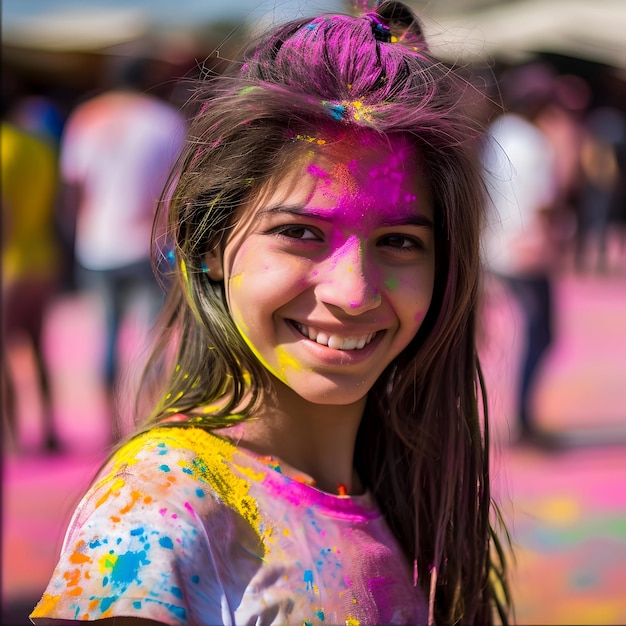 Young Indian woman enjoying at the Holi festival covered in colored powders Happy Holi background