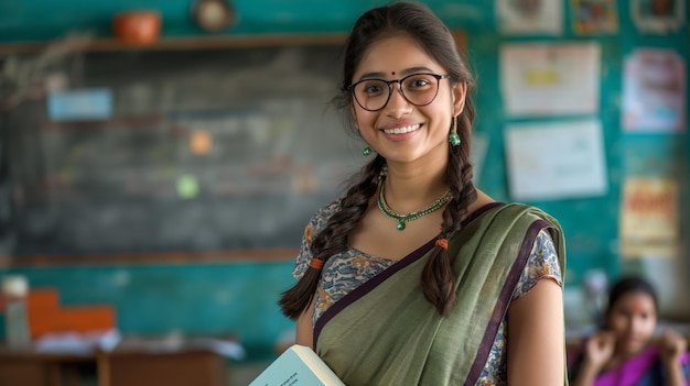 Young indian woman in late s wearing sari holding a notebook in classroom education inclusion