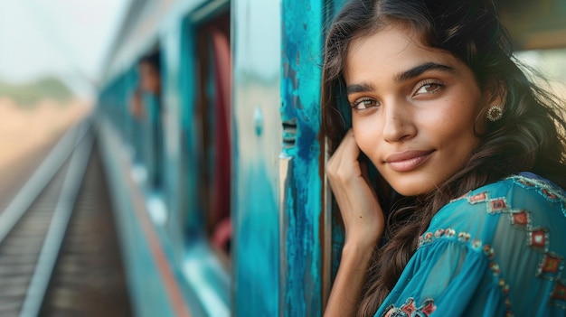 Young indian woman looks out of train window portrait image ai generated