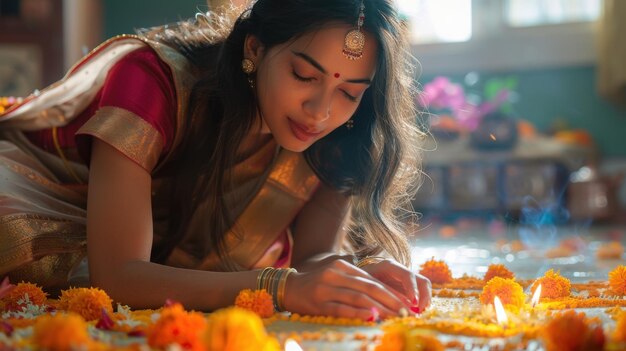 Photo young indian woman preparing flower rangoli for diwali pooja