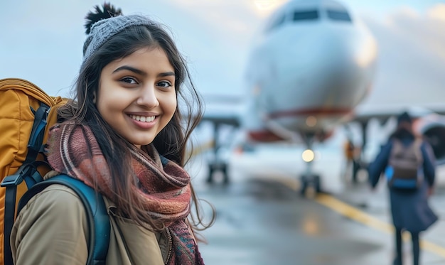 Young Indian Woman Smiles at Airport Before Flight