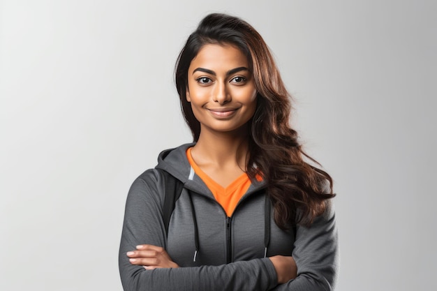 young indian woman in sports wear hoodie on white background