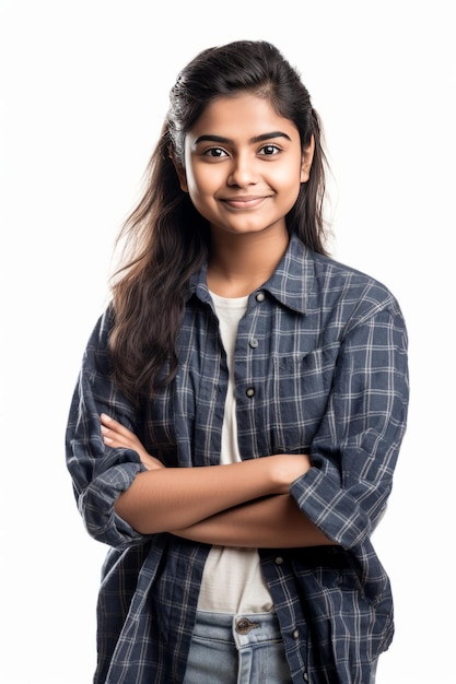 young indian woman in striped shirt on white background