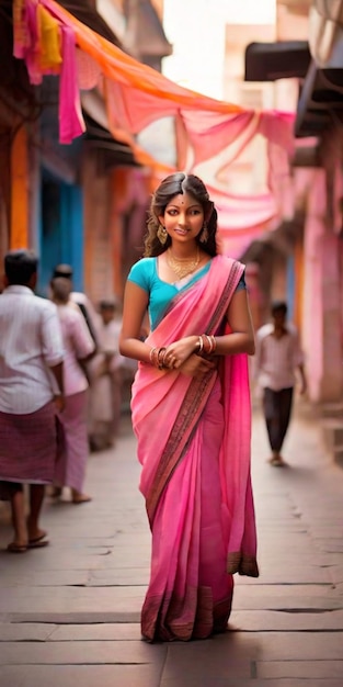 young Indian woman wearing tradition pink color sari