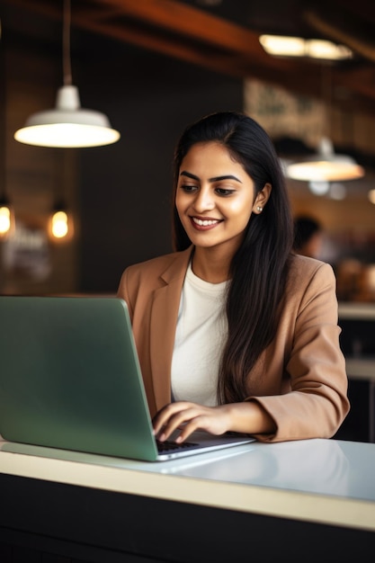 Young Indian woman with a joyful expression working with her laptop at cafe