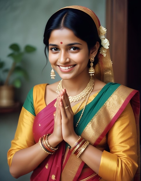 A young Indian woman with a warm smile with supplication gesture ai generated