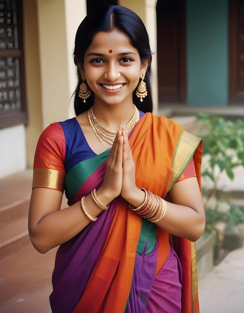 A young Indian woman with a warm smile with supplication gesture ai generated