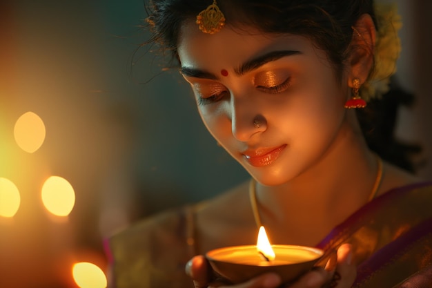 Young Indian Women with Candle Lamps Celebrating a Traditional Festival