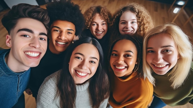 Young individuals of various races standing in a circle grinning at the camera GENERATE AI