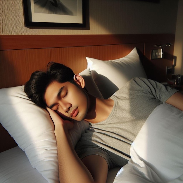 Young Indonesian Man Enjoying Sleep In The Room Hotel