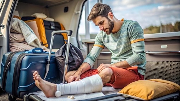 Young injured man preparing for the trip