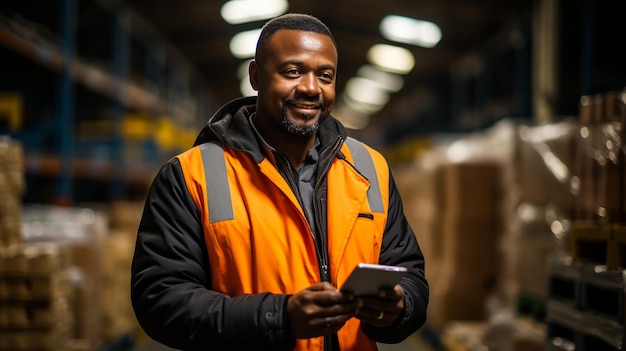 A young intelligent African American lady working in a warehouse inspects the boxes and checks the merchandise using a tablet