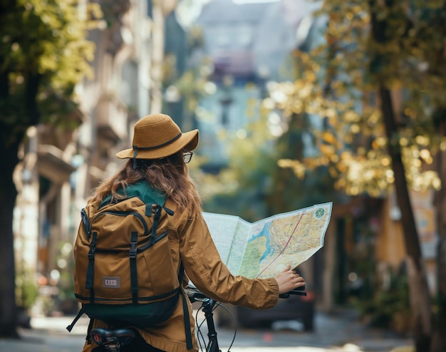 Photo young international ecotourist traveling by bicycle looking at map in worldfamous tourist attractions