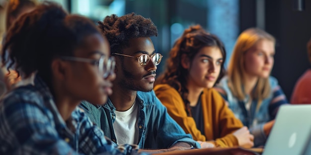 Young interracial college students in class while doing group work on a table with a computer