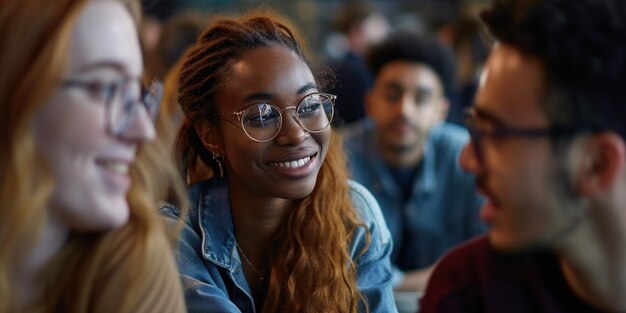 Young interracial college students in class while doing group work