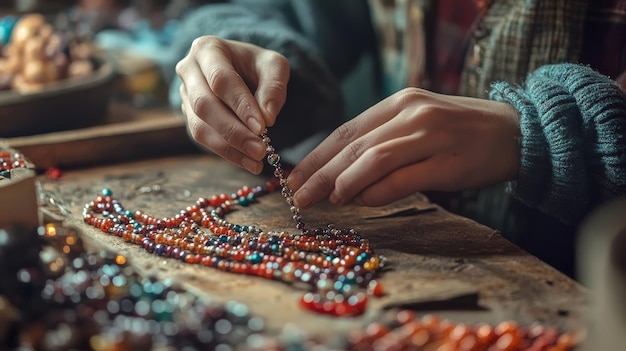 A young jeweler designing and creating beaded jewelry carefully stringing beads and adding clasps showcasing their craftsmanship and creativity