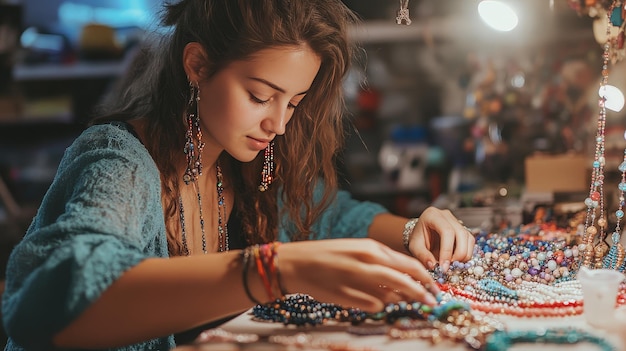 A young jeweler designing and creating beaded jewelry carefully stringing beads and adding clasps showcasing their craftsmanship and creativity