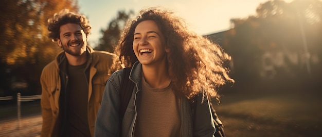 Young and joyful friends filled with happiness are seen taking a leisurely and delightful autumn walk together surrounded by the vibrant and colorful foliage of the season