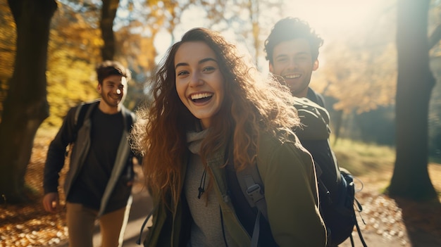 Young and joyful friends filled with happiness are seen taking a leisurely and delightful autumn walk together surrounded by the vibrant and colorful foliage of the season