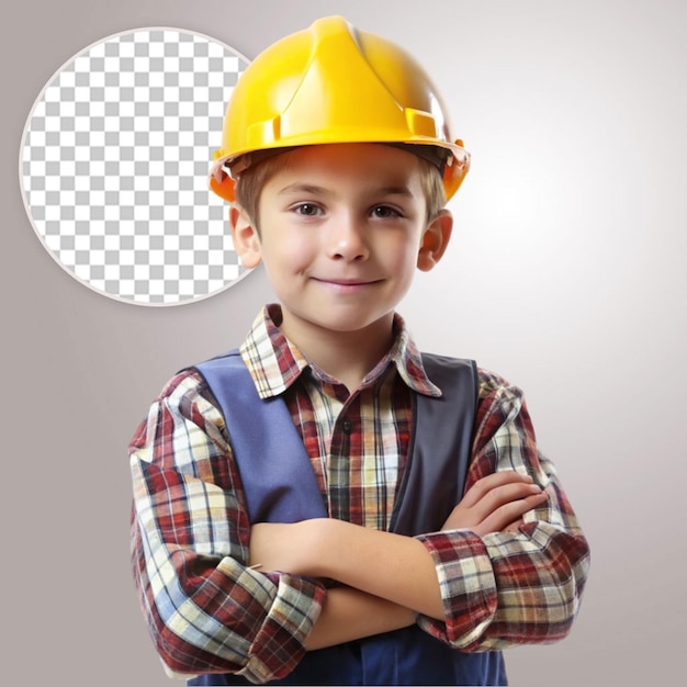 Young kid architect standing alone against transparent backdrop