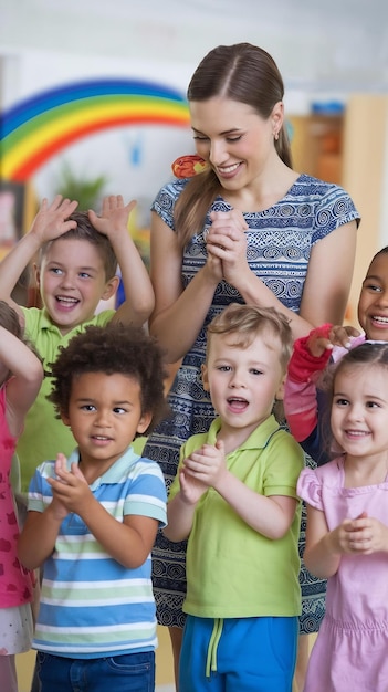 Photo young kindergarten teacher and cute multiethnic children having fun