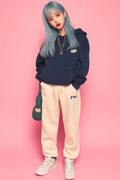 Photo a young korean girl with blue hair wearing an oversized navy hoodie