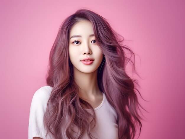 Young korean woman on a pink background Portrait Ai Generative