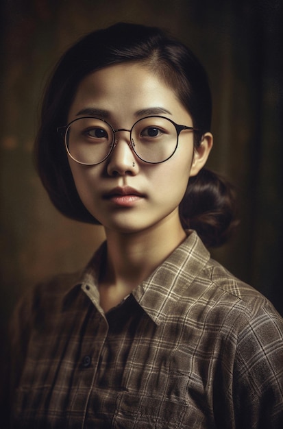 Young korean woman wearing glasses and a gingham dress aigenerated artwork