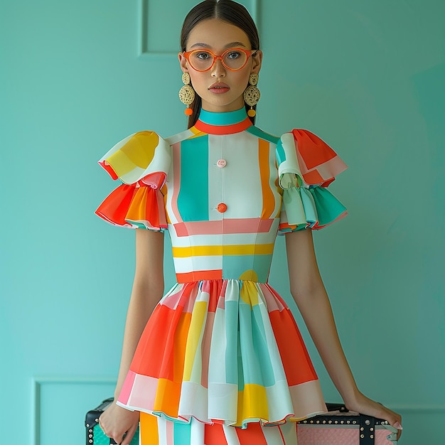 Young Lady in Colorful Dress with Suitcases Ready for Travel