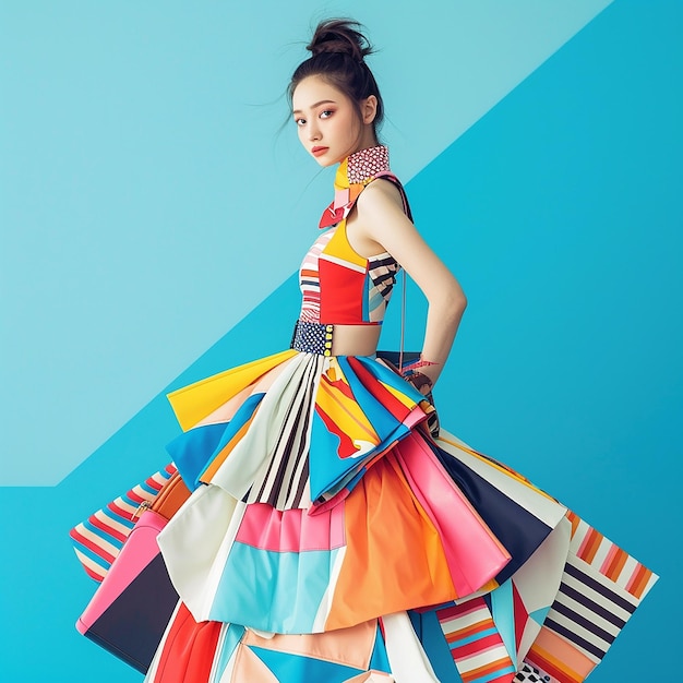 Young Lady in Colorful Dress with Suitcases Ready for Travel