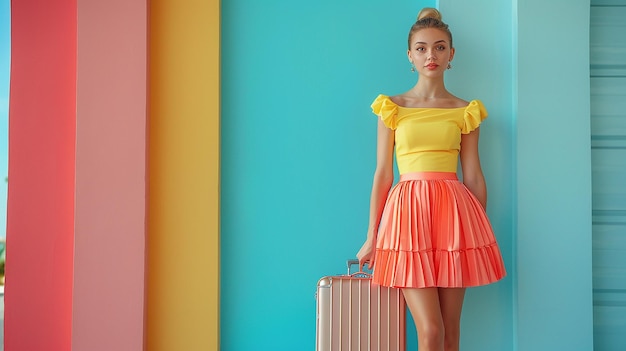 Young Lady in Colorful Dress with Suitcases Ready for Travel