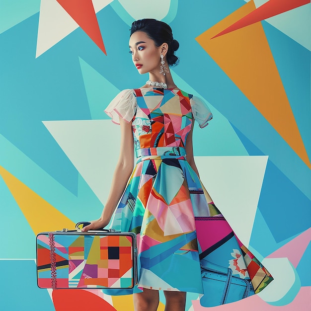 Young Lady in Colorful Dress with Suitcases Ready for Travel