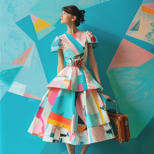 Young Lady in Colorful Dress with Suitcases Ready for Travel