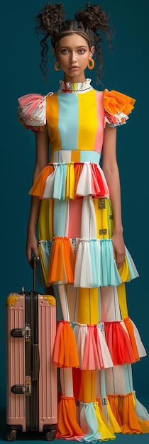 Young Lady in Colorful Dress with Suitcases Ready for Travel