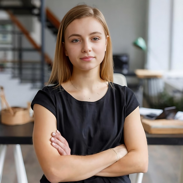 A young lady crossing her arms while standing generated by AI