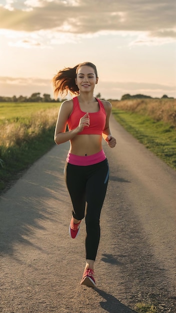 Photo young lady enjoying in a healthy lifestyle while jogging along a country road exercise and fitness