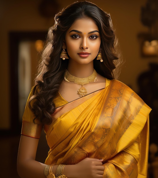 Young lady from Tamil Nadu in Kanchipuram silk saree radiating elegance and captivating charm