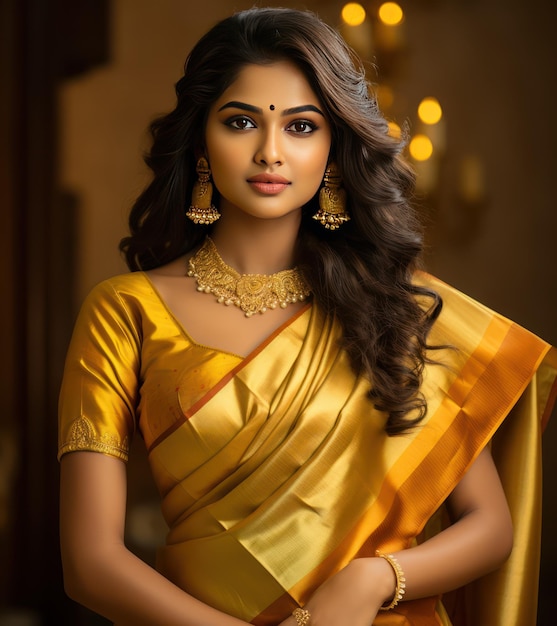 Young lady from Tamil Nadu in Kanchipuram silk saree radiating elegance and captivating charm