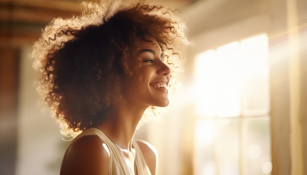 young lady is smiling and dancing in her house