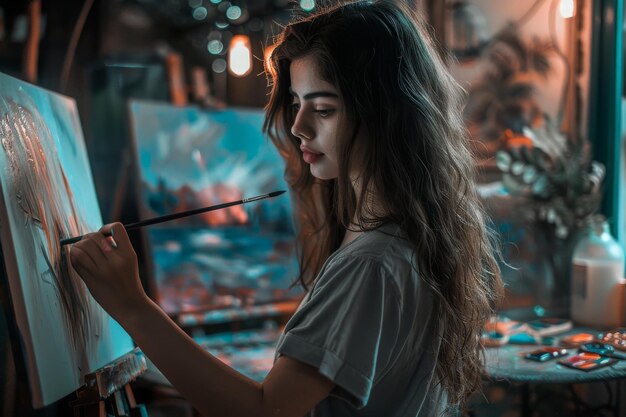 young lady painting a picture at home