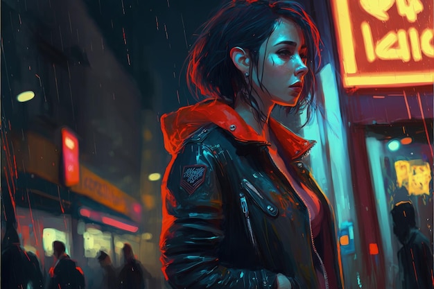 Young lady standing in nighttime city Fantasy concept Illustration painting Generative AI