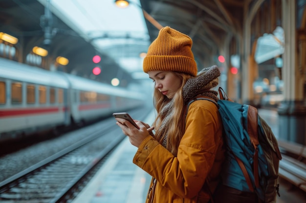 A young lady waiting on a train station Generative Ai