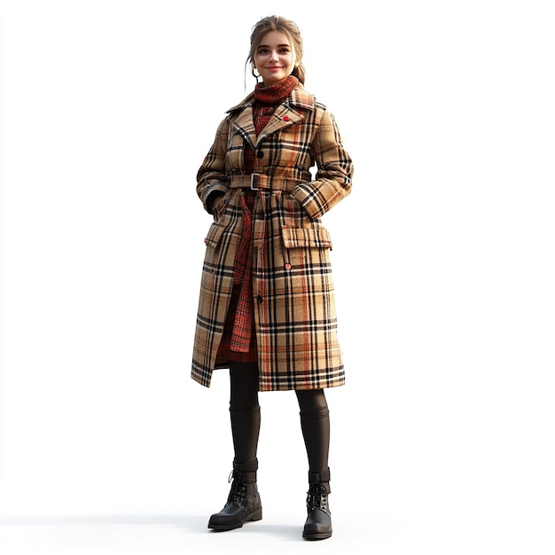 Photo a young lady wear burberry coat smilingstanding ultra detailed full bodylong shot white background v 61 job id ad4eae08843a4ad79b0050546042fa35